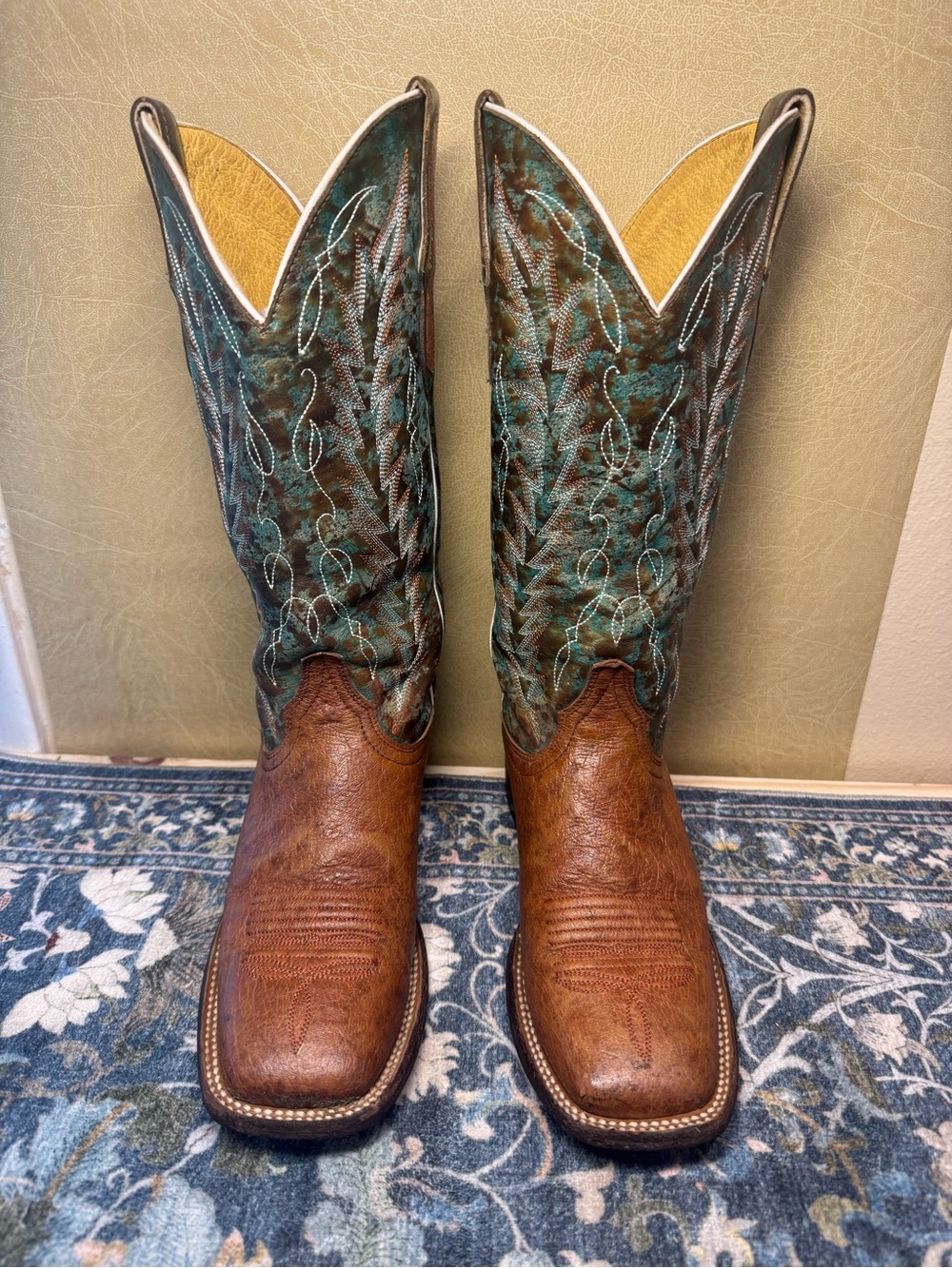 Women's Brown Leather & Teal Embroidered Smooth Ostrich Western Boots